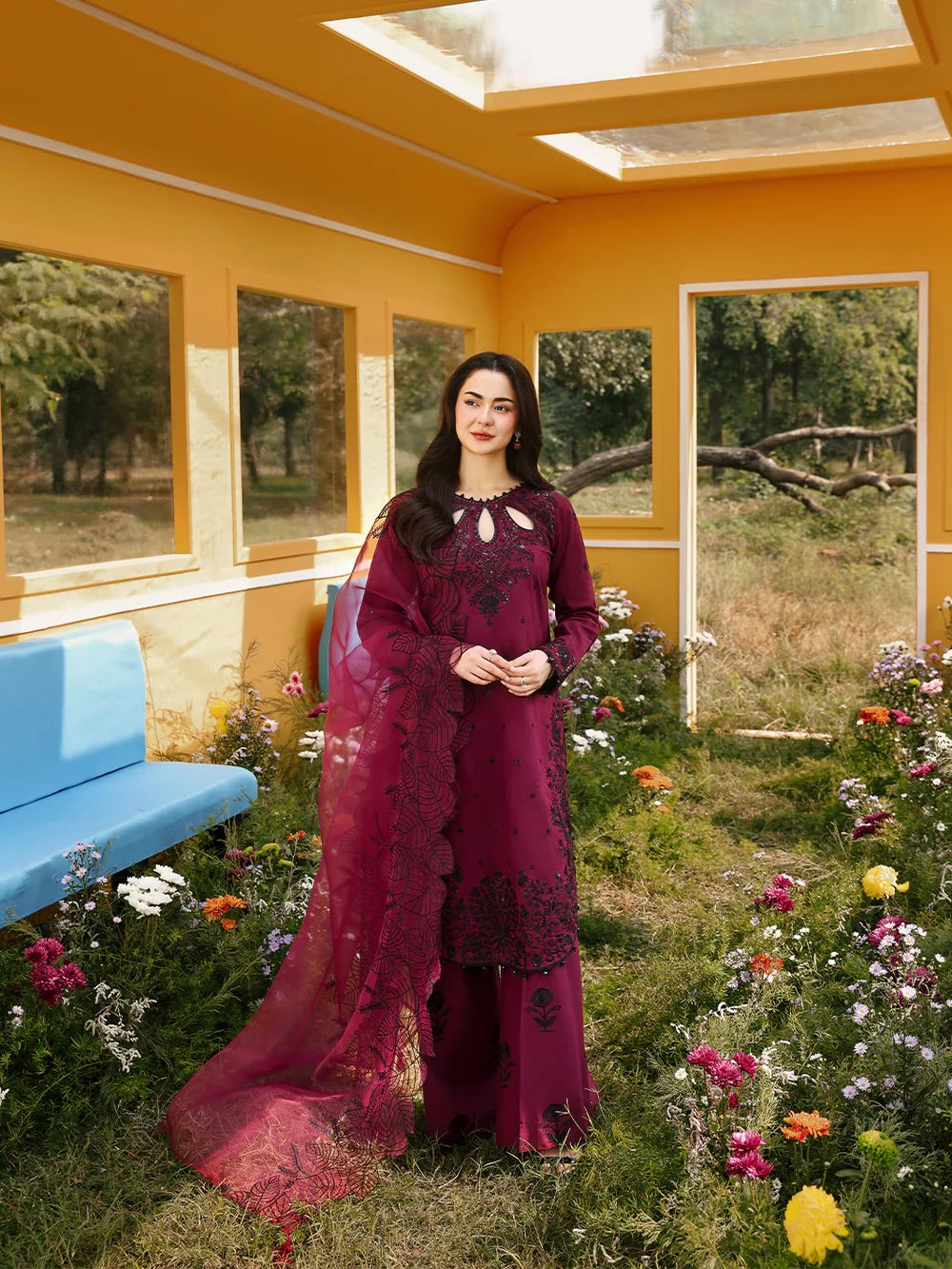Elegant Maroon Embroidered Lawn Suit for Women – Unstitched 3PC