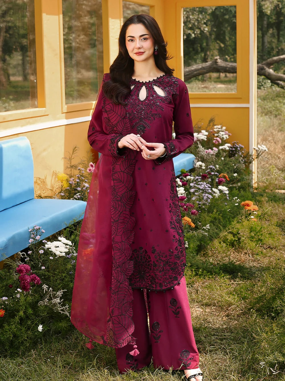 Elegant Maroon Embroidered Lawn Suit for Women – Unstitched 3PC